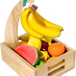 MOFASVIGI Fruit Basket with Banana Hanger, Decorative Wood Fruit Bowl Countertop Vegetable Storage Basket Banana Hanger Stand for Kitchen Dinning Room