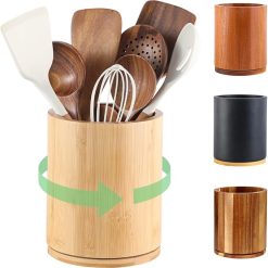 Wooden Utensil Holder, 360°Rotating 7.3'' Large Utensil Holder for Kitchen Counter, Kitchen Utensil Organizer, Utensil Crock, Farmhouse Kitchens Countertop Decor, Bamboo Wood