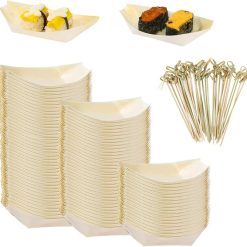 WATHFKCU 5.7 Inch Disposable Bamboo Wooden Sushi Boat Plate Bamboo Appetizer Plates Dishes Sushi Serving Tray Wooden Leaf Boat with 100Pcs Bamboo Picks (5.7inch)