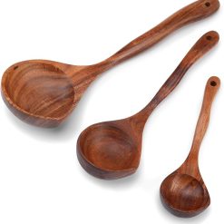Wooden Ladle Spoon Set, 3 Size Teak Large Soup Ladel Wood Spoons for Cooking Serving Spoon Ladles Wooden Cooking Spoon Long Handle Mixing Spoon Ladle