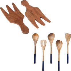 Folkulture Wooden Spoons For Cooking, Set of 5 Wooden Cooking Utensils & Salad Hands or Set of 2 Acacia Wood Salad Servers, Salad Tongs Set,