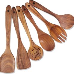 Kitchen 6-Piece Wooden Spoons for Cooking, Acacia Wood Cooking Utensils Set, Durable, Heat Resistant, Wooden Kitchen Utensils Set for Nonstick Pans and Cookware