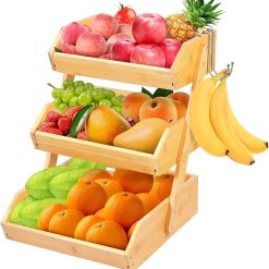 Bamboo Fruit Basket 3-Tier, Natural Vegetable Organizer Bowl with 2 Banana Hooks for Kitchen Counter, Produce Storage Display Stand Holder for Potato, Onion, Snacks (Self-assembly)