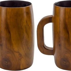 Darware Teak Wood Coffee Mugs (Set of 2); Wooden Beer Stein Retro 16 Fluid Ounce Cups