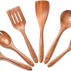 Cooking Utensils，Premium Teak Wooden Kitchen Utensil Set- 6 Piece Handcrafted, Wooden Utensil Set for Cooking,Durable Tools for Nonstick Cookware
