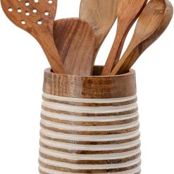 Mie Creations Boho 7'' Large Utensil Holder for Kitchen Counter | Handcrafted Wooden Utensils Crock Cooking Spatula Organizer | Gifts for Mom, Utensil Holder Caddy, Countertop Supplies- White Lining