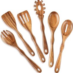 Acacia Wooden Spoons for Cooking – 6-Piece Kitchen Utensil Set, Spatula & Slotted Spoon