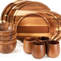 Maxdot 16 Pcs Acacia Wood Dinnerware Set, Round Wooden Plates,Solid Wooden Bowls and Tea Cups, Acacia Wood Tableware Supplies, Easy Cleaning & Lightweight for Dishes Snack, Dessert, Set for 4