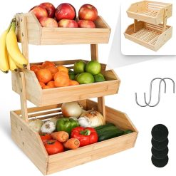 2 in 1 Three Tier and Two Tier Bamboo Fruit Basket for Kitchen – 2 Banana Hooks – Organizer for Countertop - Fruit and Vegetable Storage – Large Capacity Basket Stand for Pantry (2025)