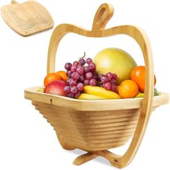 RoyalHouse Bamboo Foldable Fruit Bowl Apple Shape,13.5“x12"- Collapsible, Fruit & Vegetable Storage For Kitchen Countertop, Bamboo Fruit Basket, Tabletop Fruit Serving Bowl